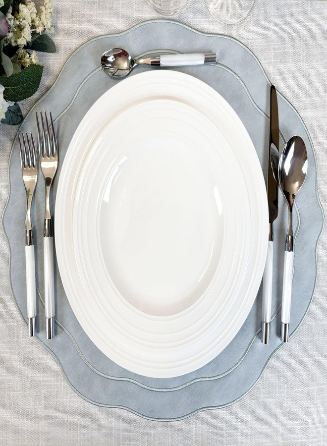 Bryonia Embroidered Scalloped Faux Leather Placemats Set of 4 - Soft, Wipeable Luxury Dinner Table Mats for Dining & Kitchen Decor, 17.25" x 15", Light Blue Gray - Image 4